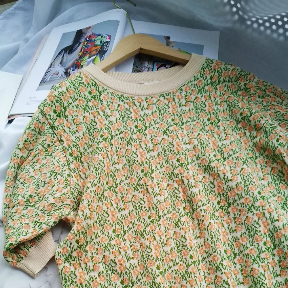 Винтажный Boho Цветочный вязаный Свободный корейский японский женский милый Тройник Футболка Весна Осень футболка каваи мода трикотаж Лето