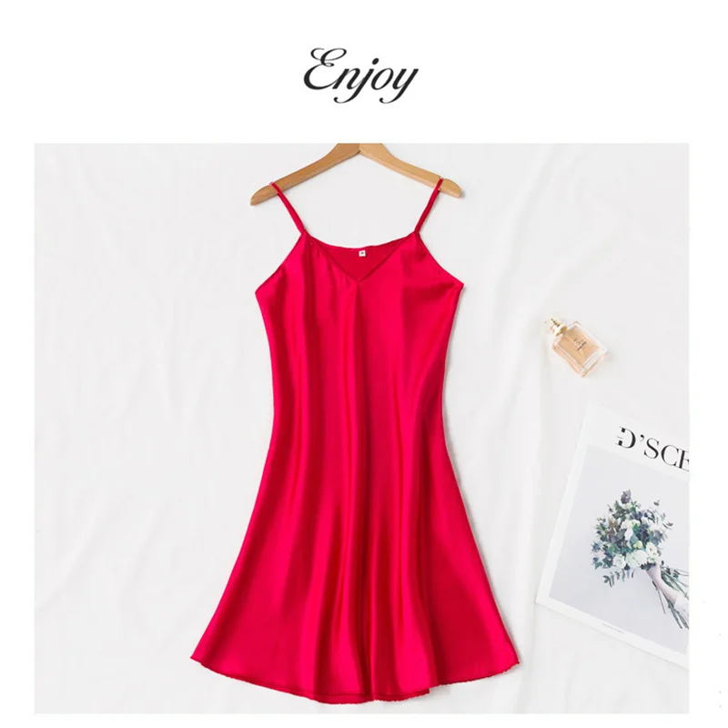

Women's Sexy V-neck Sling Pajamas Summer Thin Short Suspender Women Sleepwear Solid Casual Home Female Faux Silk Robe Night Grow