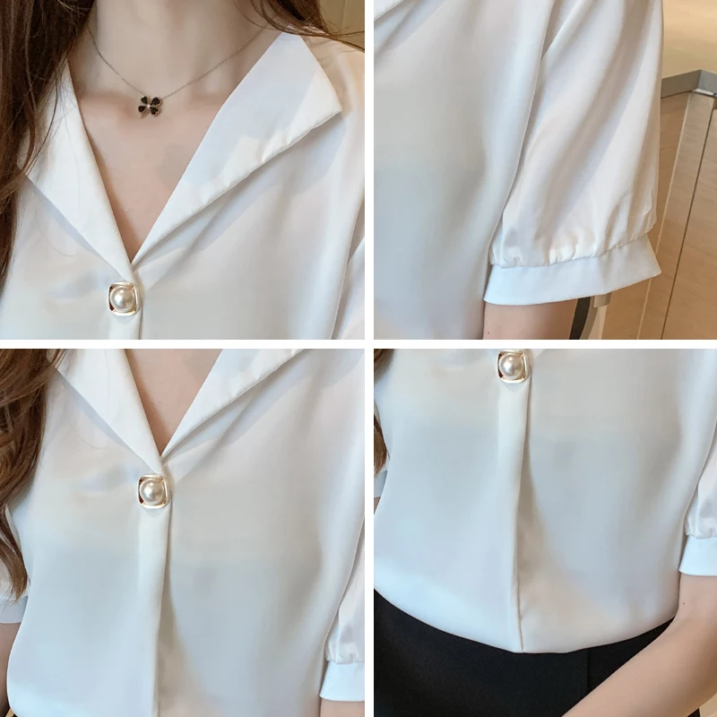 

Chikichi 2021 Summer New Korean Style Office Lady Short-sleeved Lapel Shirt Female V-neck Puff Sleeve Top