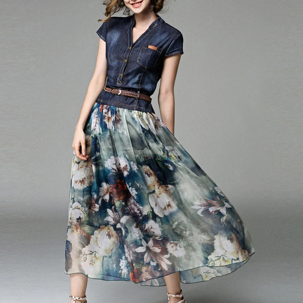 

Women Casual Dress Denim Chiffon Patchwork Floral Print Short-sleeve V-neck Vintage A-line Fall Fashion Female Maxi Long Robe