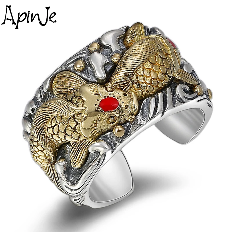 

Apinje 925 Sterling Silver Ring New Original Design Koi Fish Pattern Open Ring Fashion Men Brand Big Ring