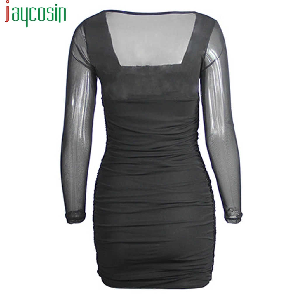 Mesh Black Transparent Dress Women Long Sleeve Casual Mini Nightclub Pleated Ladies Tops Plus Size Fashion Summer Beach | Женская одежда