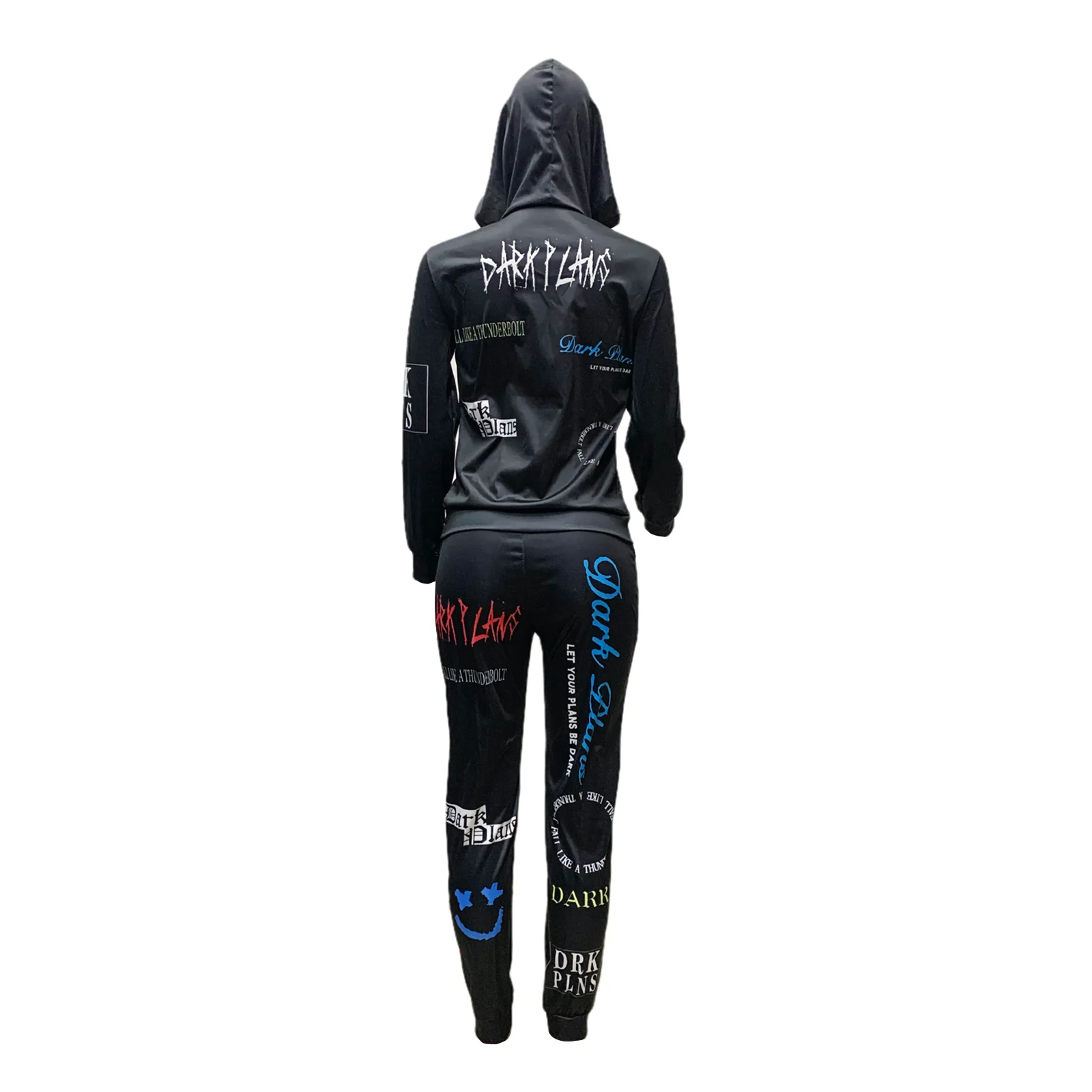 

2 Pcs Women Letter Pattern Outfits Adults Long Sleeve Front Pocket Hoodie + Pencil Pants with Drawstring Spring Autumn Wear