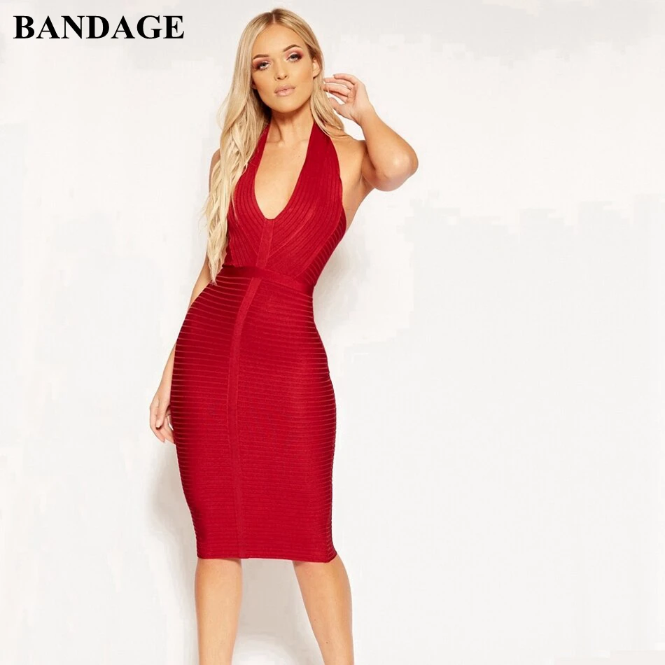 Сексуальный глубокий v-образный вырез с лямкой на шее для женщин Бандажное Платье