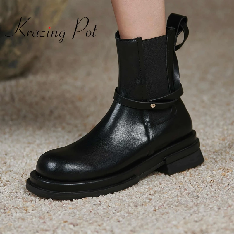 

krazing pot special design genuine leather round toe med heel Chelsea boots Korean street fashion slip on cozy ankle boots L13