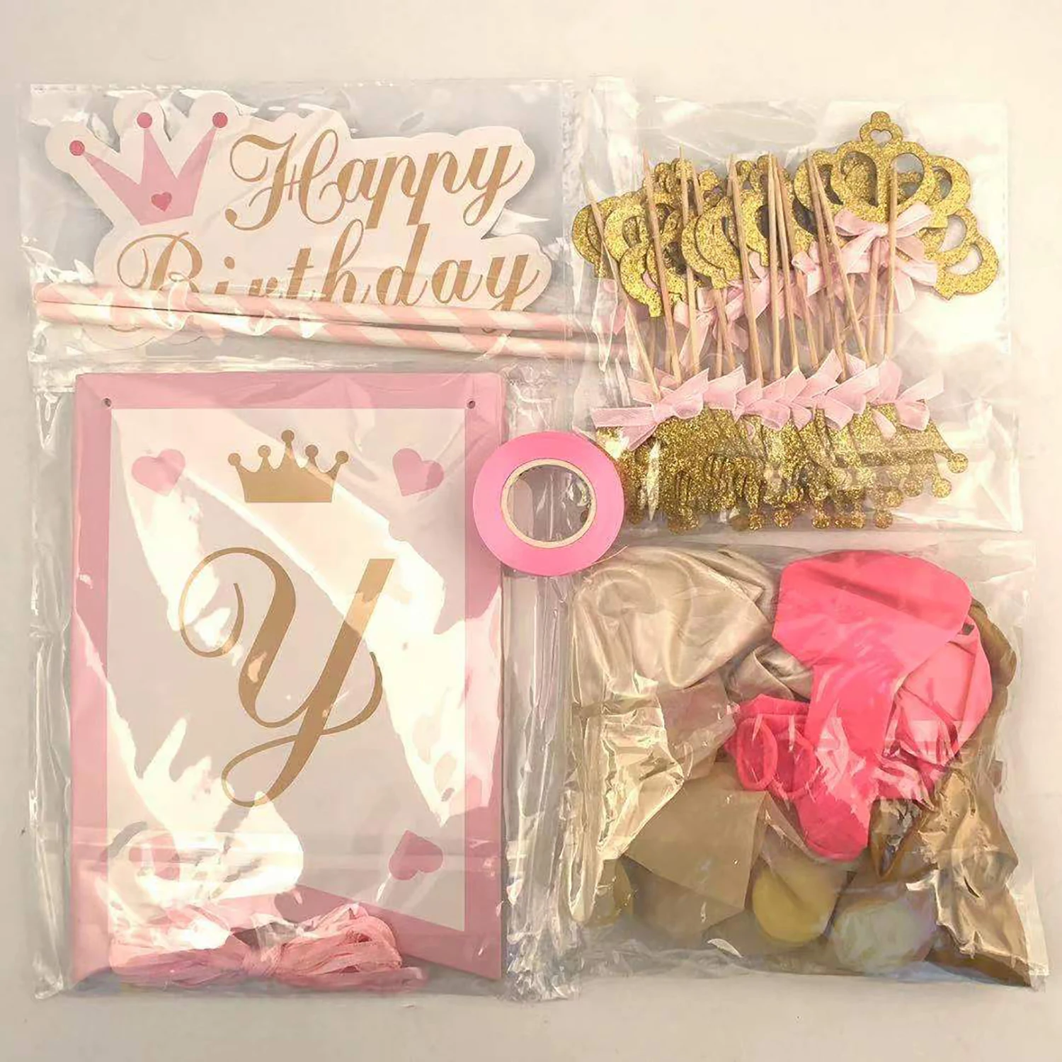 

Princess Birthday Decoration Theme Girl Birthday Party Decor Banner With Pink Balloons Suit Queen Crown Cake Topper