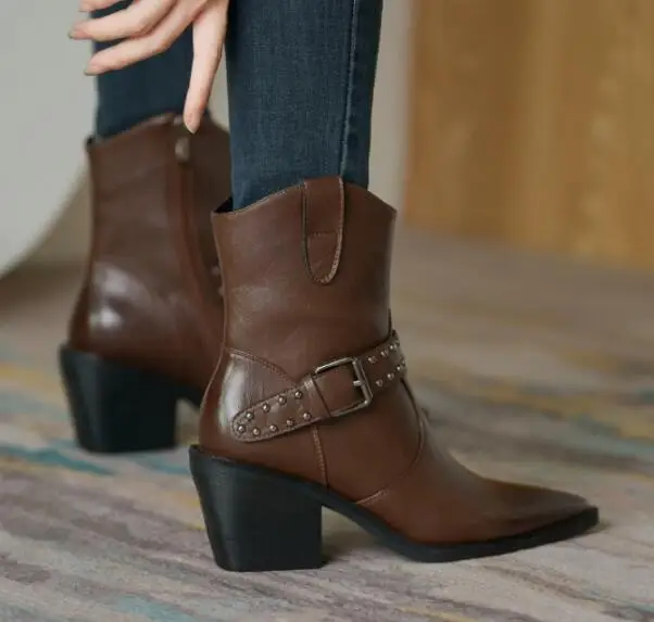 

Fashion Womens Buckle Rivet Side Zip Ankle Boots Block Heels Pointed Toe Shoes