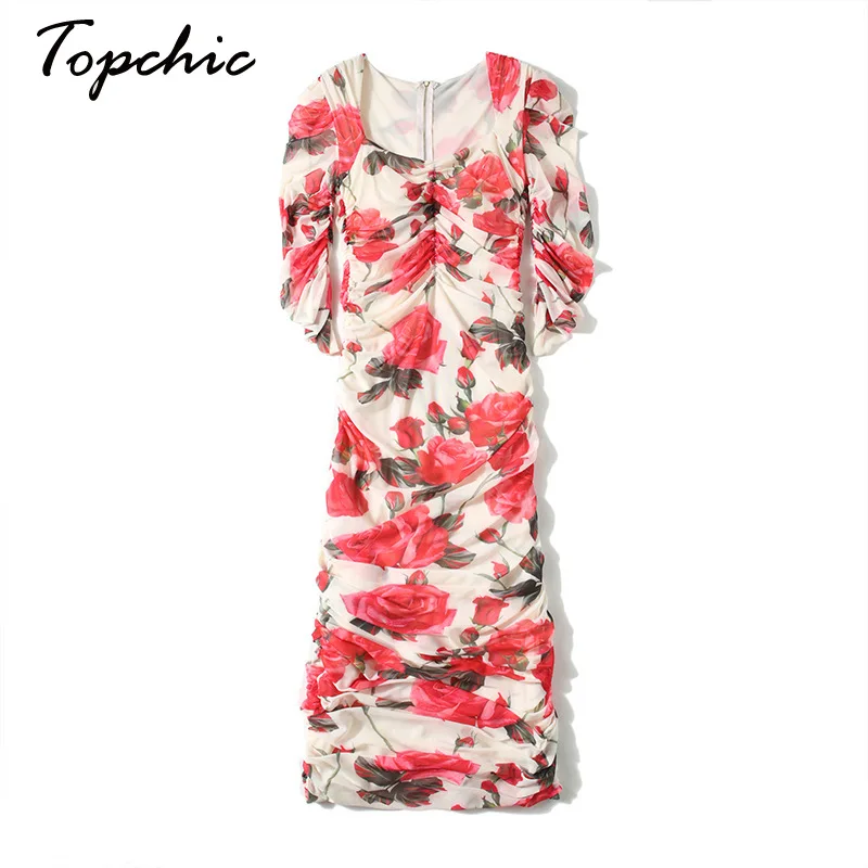 

European Runway Dress 2021 Vintage Elegant Draped Mesh Floral Printed Midi Dresses For Women Long Sleeve vestidos de fiesta