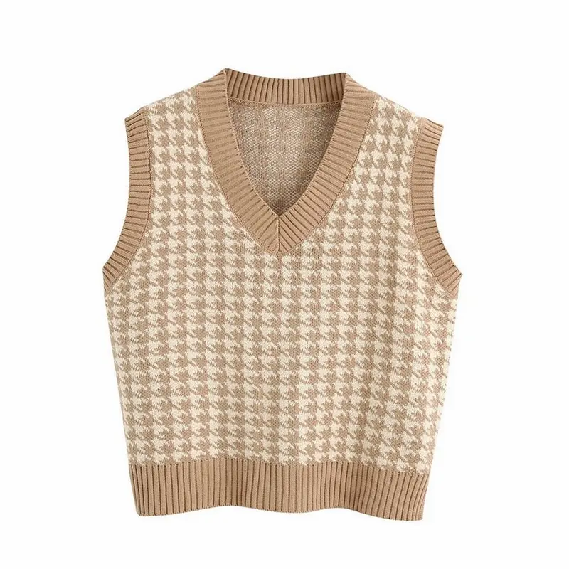 

2020 Houndstooth Knit Oversized Sweater Vest Female England Preppy Style Y2K Jumpers V Neck Casual Loose 90s Knitwear Autumn