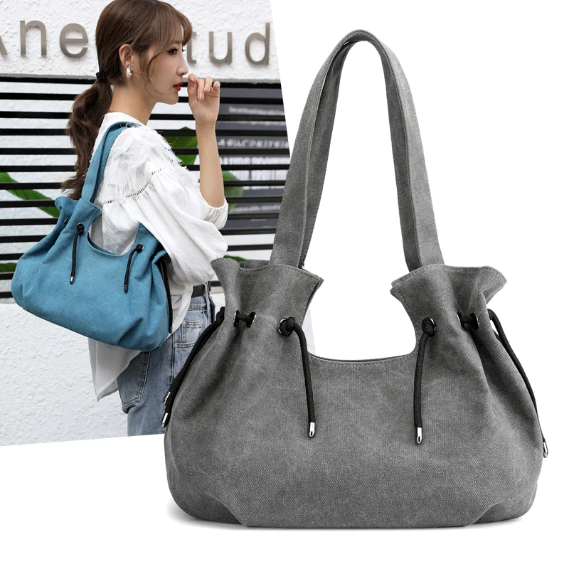 

2021 New Ladies Fold Canvas Bag Classic Solid Color Handbag Simple Large Capacity One-Shoulder Tote Bag Wallet Mobile Phone Bag