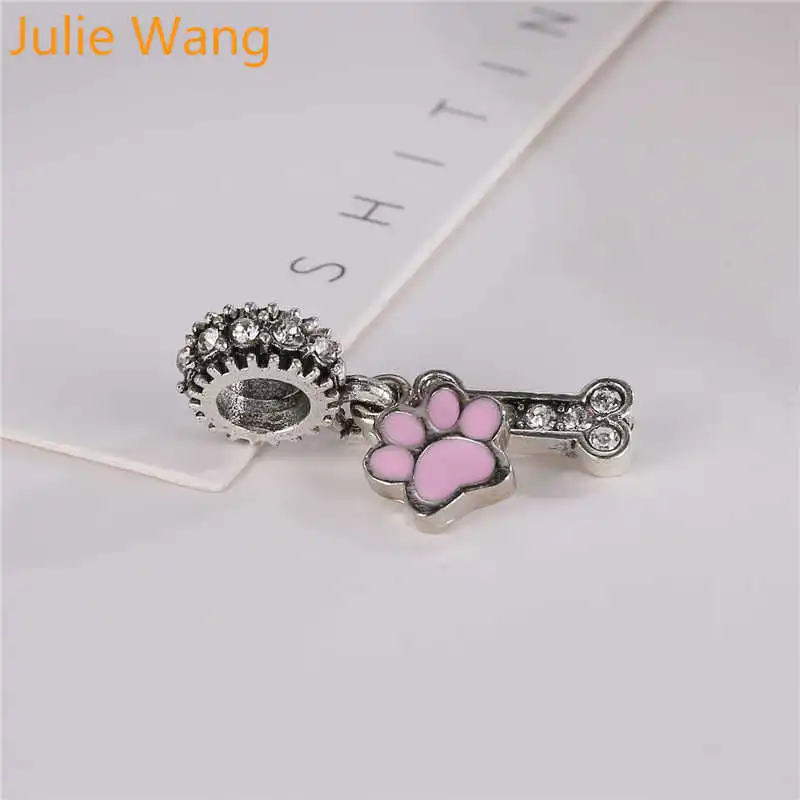 Julie Wang 5PCS Bone Bead Charms Enamel Pet Paw Print Rhinestone Zinc Alloy Bracelet Necklace Jewelry Making Accessory | Украшения и