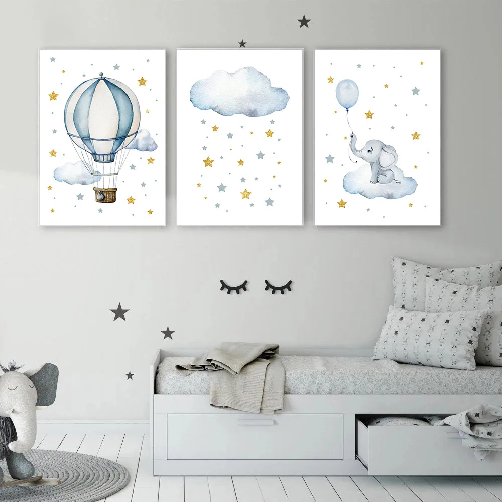 Золотая синяя звезда облако слон воздушный шар Холст Картина плакаты и принты
