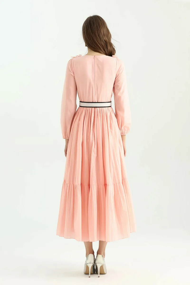 

Long Dress Cotton 2021 Spring Fashion Wedding Party Women V-Neck Appliques Flower Deco Long Sleeve Sweet Pink Long Maxi Dresses