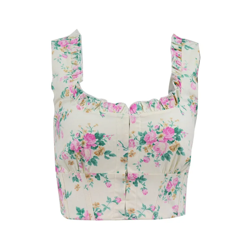 

Vintage Tshirt Sexy Top Women Square Neck Clothing Ruffled Sling Straps Camisole Floral Printed Button Down Sleeveless Top