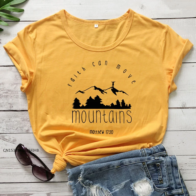 

Faith Can Move Mountains T-Shirt Faith Over Fear Christian Tee Bible Verse Religious Clothing Top Camisetas Premium