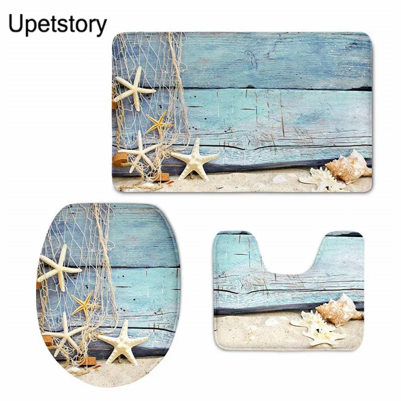

Upetstory Starfish Print Bathroom Toilet Seat Cover Flannel Overcoat Toilet Case Three-piece Set WC Contour Mat Anti-slip Rug