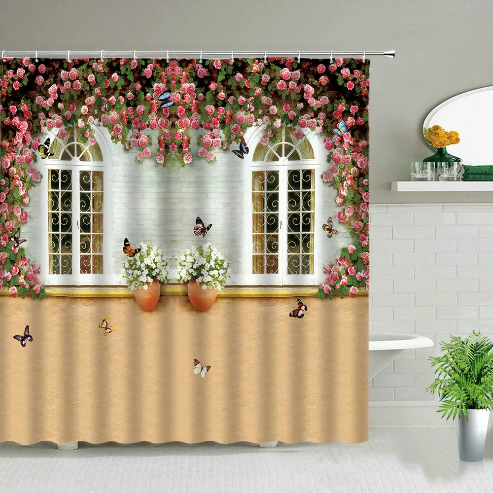 

Plant Flower Butterfly Spring Scenery Bathroom Shower Curtain Floral Forest Waterfall Landscape Garden Wall Decor Cloth Curtains