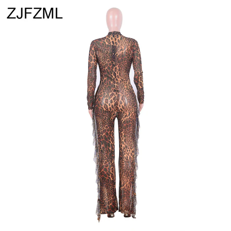 

Sexy Leopard Perspective Wide Leg Jumpsuit Women Long Sleeve Party Night Club Mesh Playsuit 2021 Fall Ruffle One Piece Overall