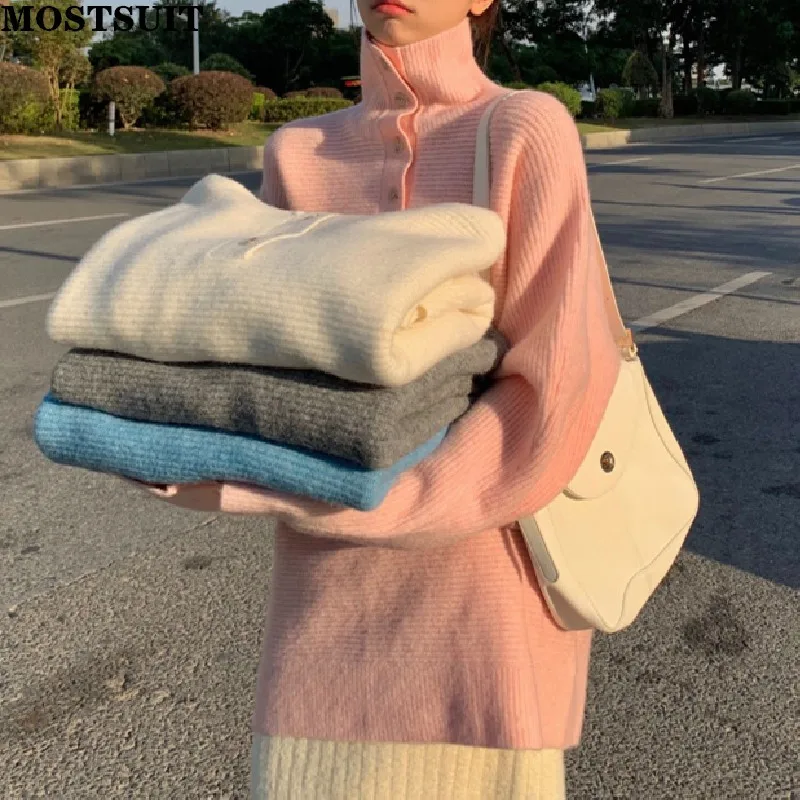 

Осенне-зимние однотонные свободные женские свитера с высоким воротником, повседневные женские вязаные пуловеры на пуговицах с длинным рук...