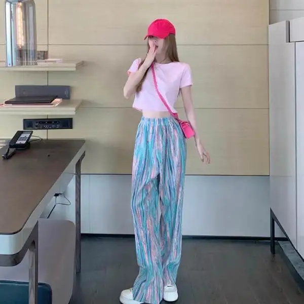

TINT ERA Pattern Wide-leg Women's Summer Blooming Flow Color Pleated Casual High Waist Drape Straight Loose Thin Mopping Pants