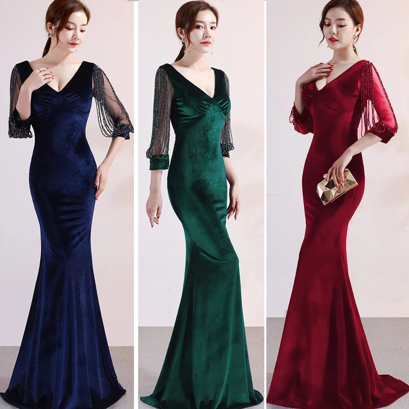 Осенне-зимние женские сексуальные бархатные вечерние платья с v-образным вырезом