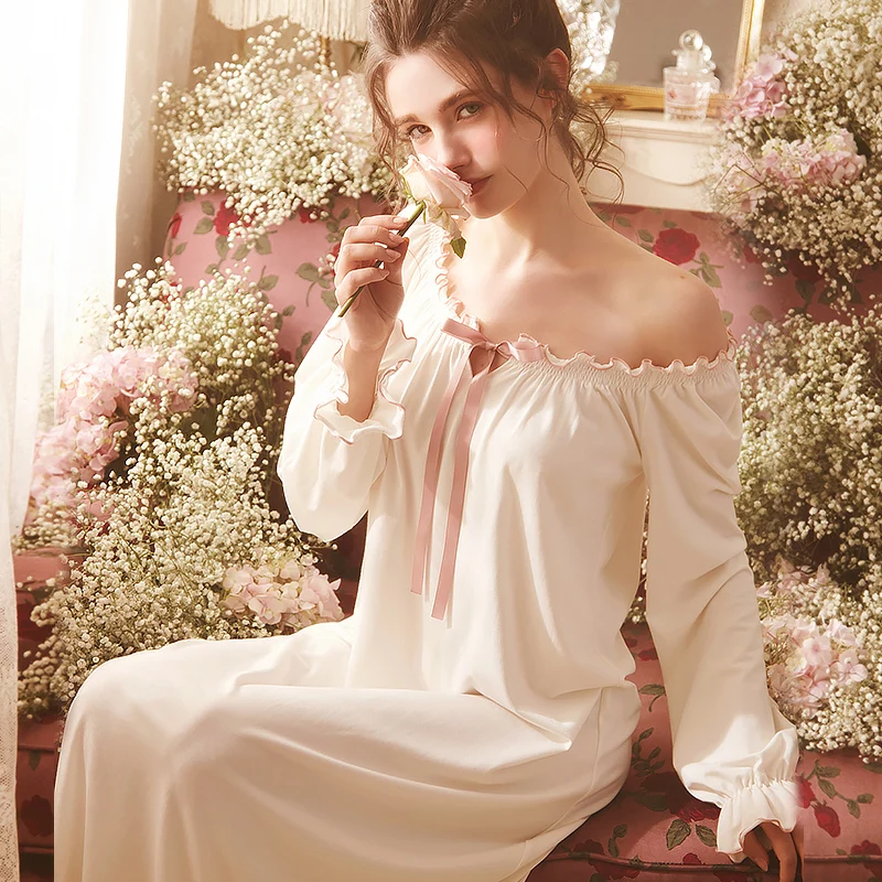 Nightgown Women Cotton Romance Elegant  Night Dress Princess Woman Sleepwear Long Sleeve Dress