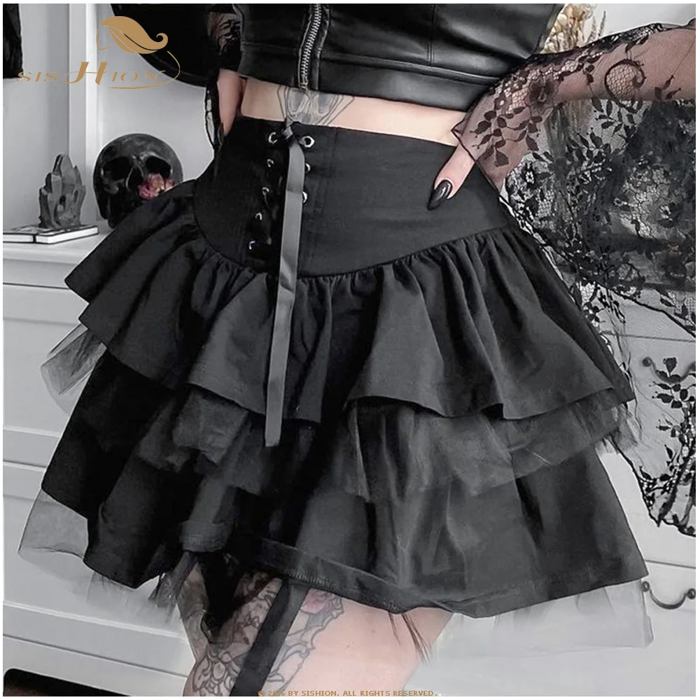 

SISHION 2021 New Sexy Tulle Patchwork Goth Gothic Skirt VD1730 Cake Ruffles Punk Y2K Lace Up Short Mini Black Skirt