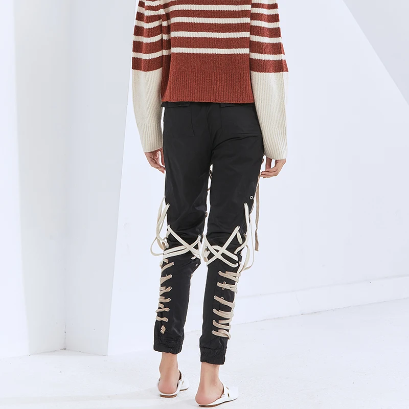 TWOTWINSTYLE Black Pant For Women High Waist Designer Bandage Patchwork Cross Full Length Streetwear Harem Pants Female 2020 New