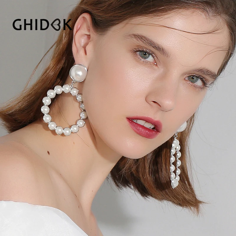 GHIDBK Цыганский серебряный цвет жемчужные серьги-кольца для женщин Boho большие серьги в виде больших кругов современные половинные жемчужины свадебные серьги-кольца