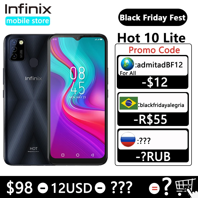  Смартфон Infinix hot 10 lite, глобальная версия дюйма, 2 Гб, 32 ГБ, HD 6,6x1600 P, аккумулятор 720 мА · ч, камера 13 МП, Helio A20