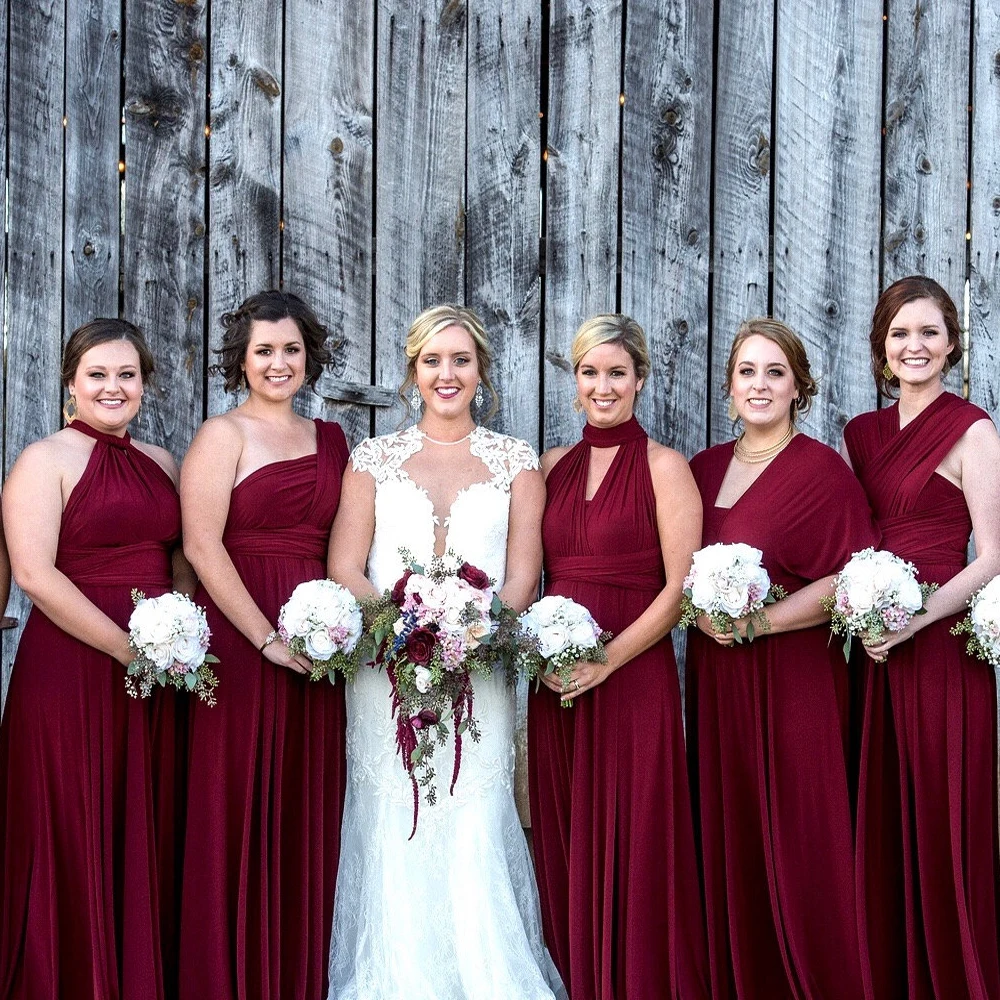 

Maxi Burgundy Convertible Bridesmaid Dress V Neck Custom Made Burgundy Infinity Floor Length Sleeveless Multi-way Dress