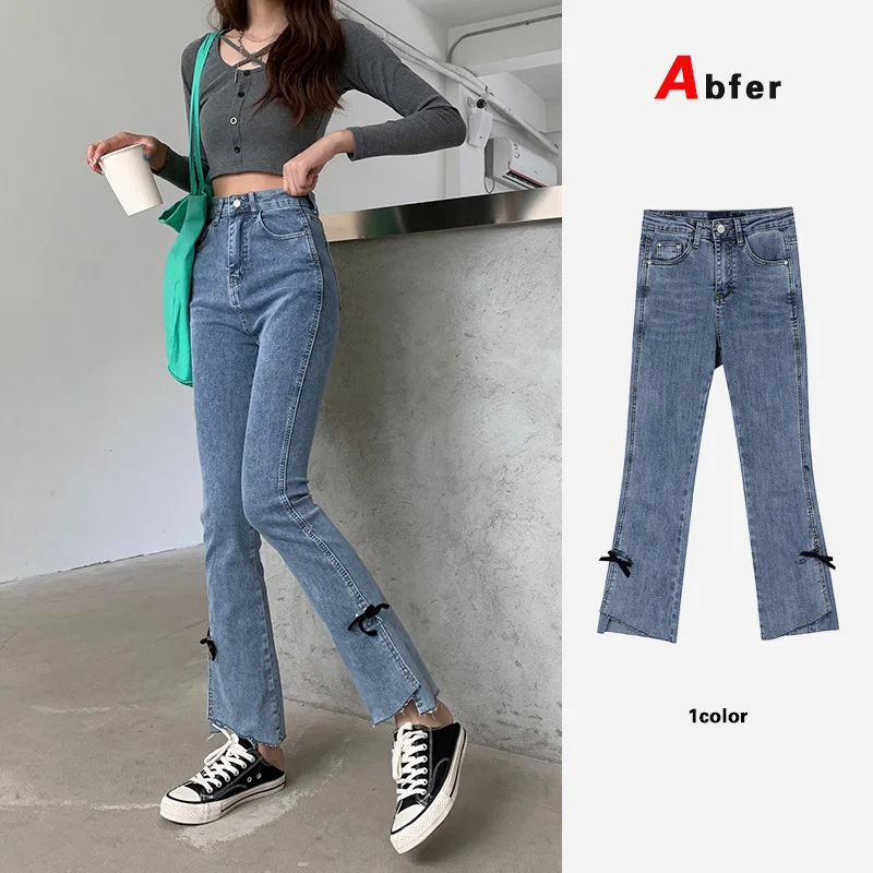 

Abfer Plus Size 5xl Korean Fashion Stretchable Slit Bootcut Jeans Women's High Waisted Bow Micro Flared Jeans Denim Trousers Y2k