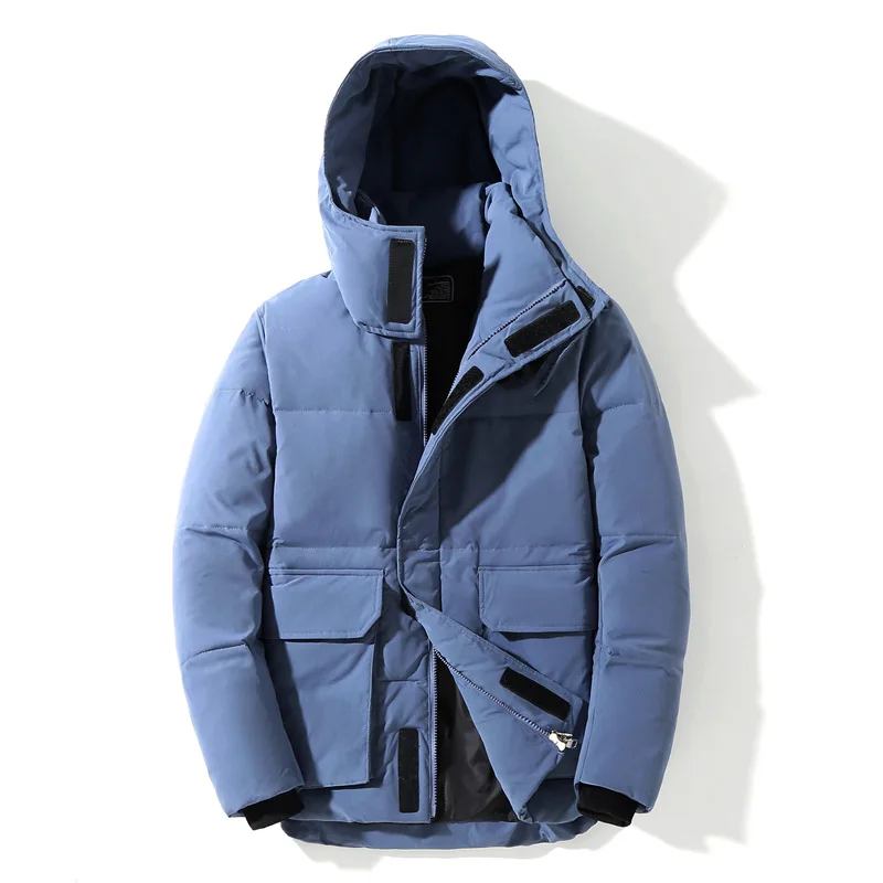 Мужской пуховик с капюшоном черный повседневный на белом утином пуху теплый зима