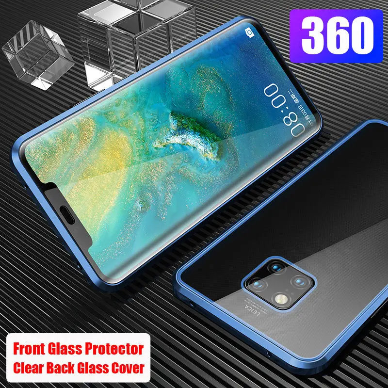 Роскошный металлический чехол с магнитным стеклом для huawei mate 20 Pro, чехол-Броня 360, защитная задняя крышка для всего тела, чехол для huawei mate 20Pro - Цвет: Full Blue
