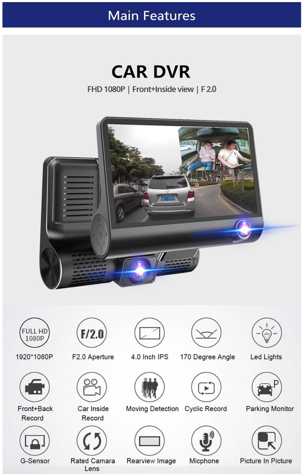 Автомобильный видеорегистратор Vikewe с тремя объективами s FHD 4,0 дюймов, видеорегистратор 170, широкоугольный видеорегистратор, g-сенсор и видеокамера ночного видения