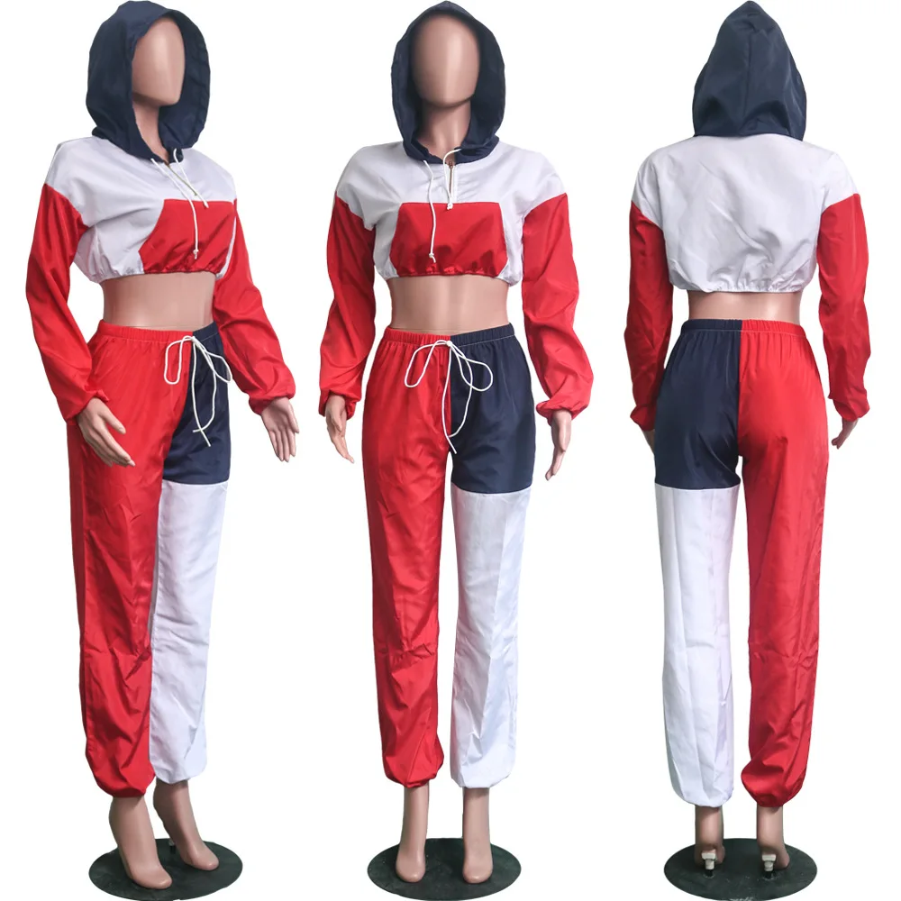 

Adogirl Color Patchwork Women Tracksuit Casual Two Piece Set Hooded Sweatshirt Crop Top + Pants Female Fashion Outfits