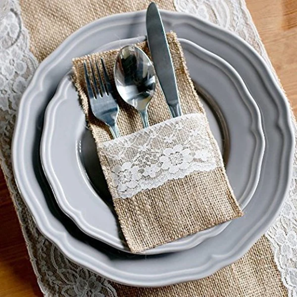 

50 pcs Natural Jute Cutlery Knives and Forks Cutlery Set Silverware Bag Holder Burlap & Lace Party Wedding Decor, 21x11cm