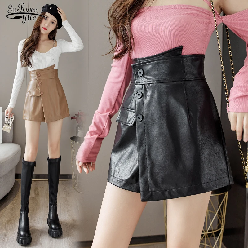 

2021 Autumn A-line Casual Half-length Trousers Skirt Leather Skirt Fashion New Irregular High Waist Slim Pu Leather Skirt 16404
