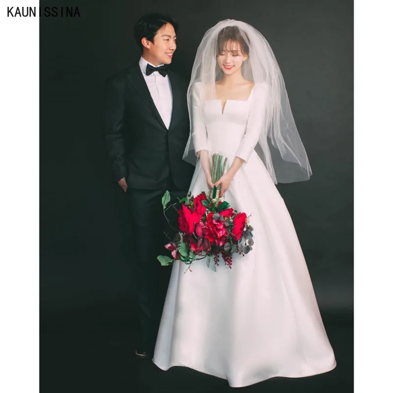 

KAUNISSINA Simple A-Line Wedding Dresses Women Satin Beach Bridal Dress 3/4 Sleeve Square Collar White Princess Wedding Gowns