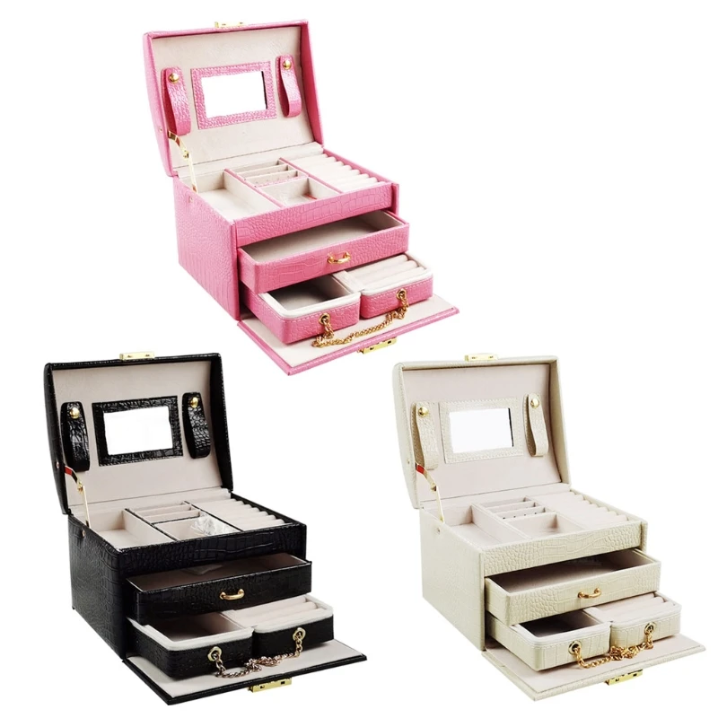 

Lockable Jewelry Box Necklace Ring Storage Organizer Leather Large Jewel Case J78F