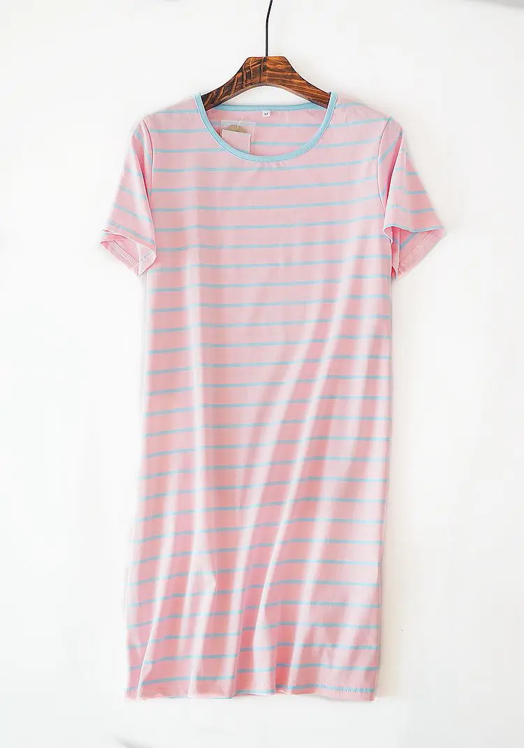 Летние ночные рубашки милые трикотажные хлопковые полосатые пижамы с короткими