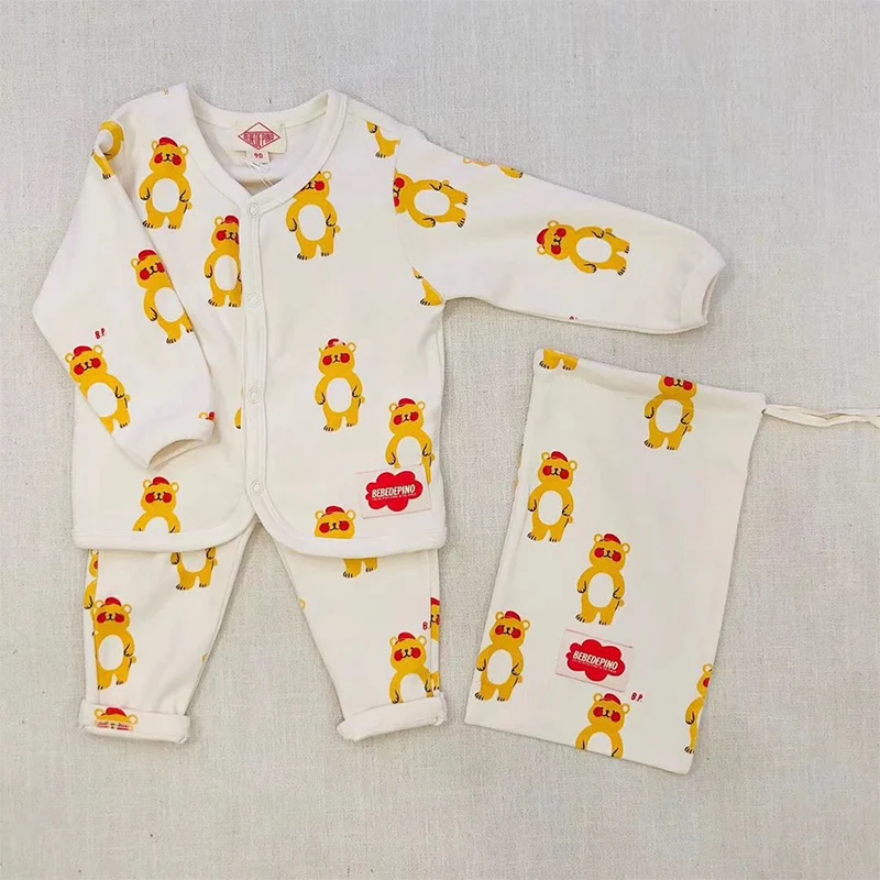 Корейские Детские пижамные комплекты Bebe De Pi* комплекты зимней одежды для сна с милым медведем для малышей комплекты одежды наивысшего качества для малышей брендовая одежда