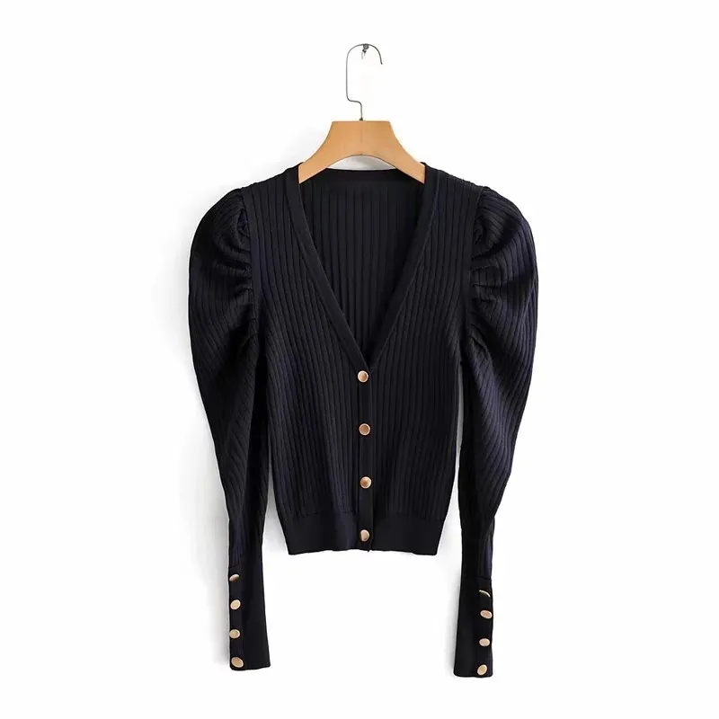 Fall Women Navy Blue Knitted Cardigans V-Neck Vintage Puff Sleeve Sweater Solid Single Breasted |