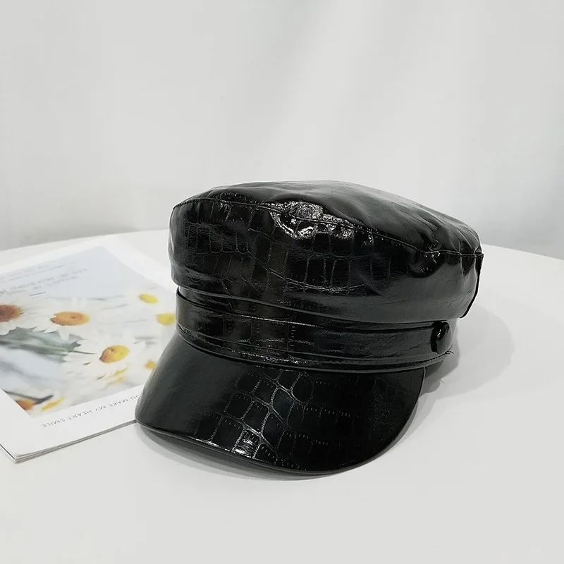 Cpop 6 Colors PU Leather Polyester Military Hats High Quality Female Solid Color New Fashion Casual Personality Women Winter Hat |