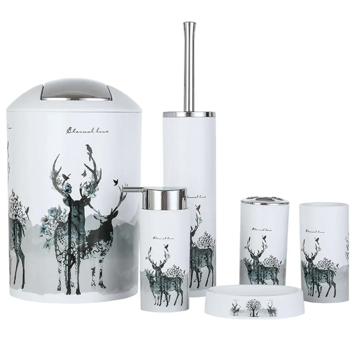 Nordic 6Pcs/Set Printing Bathroom Accessory Set Lotion Dispenser Toothbrush Holder Tumbler Cup Soap Dish Toilet Brush Trash Ca