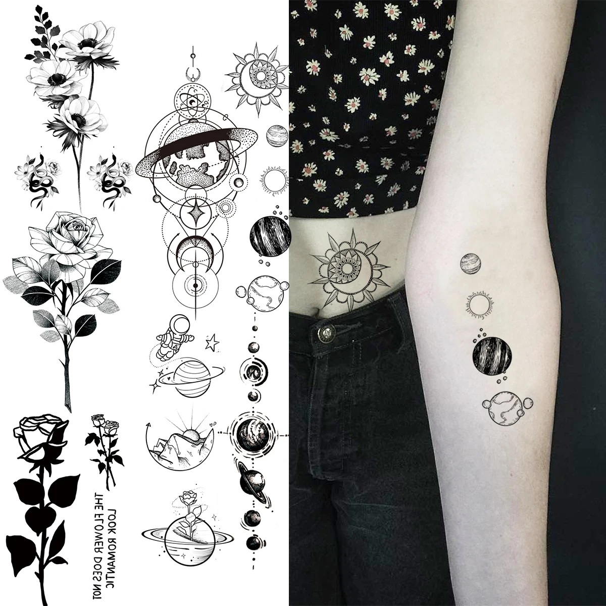 

3D Realistic Universe Planet Arm Waist Temporary Tattoos For Women Adult Rose Flower Fake Tattoo Body Art Decoration Tatoo Paper