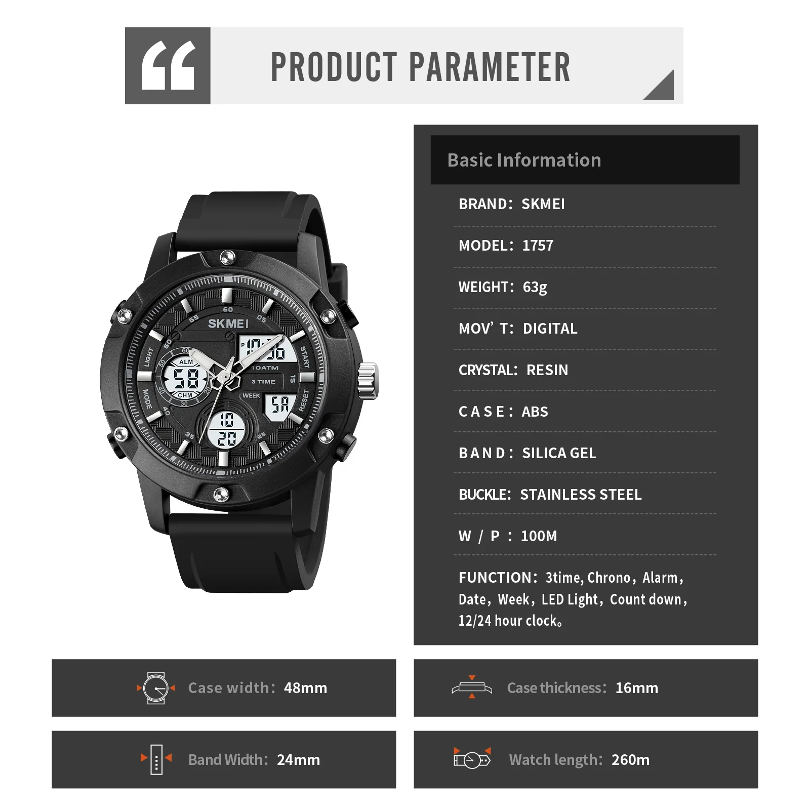 

SKMEI 3 Time Digital Mens Watches 100M Waterproof Swim Men Wristwatches Fashion Sport Stopwatch Men Watch LED reloj hombre 1757