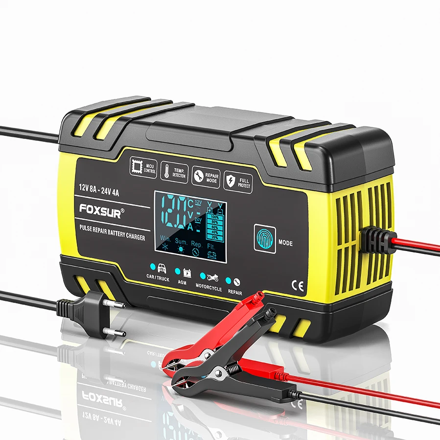 foxsur 8 amp motorcycle car battery charger12v and 24v pulse repair chargerbattery maintainer for truck atv rv sla agm gel free global shipping