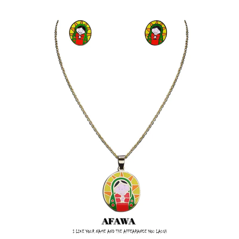 

2022 Virgin Matryoshka Stainless Steel Enamel Gold Color Women Necklaces Earrings Sets Kid Set Jewelry aretes de mujer SXS01