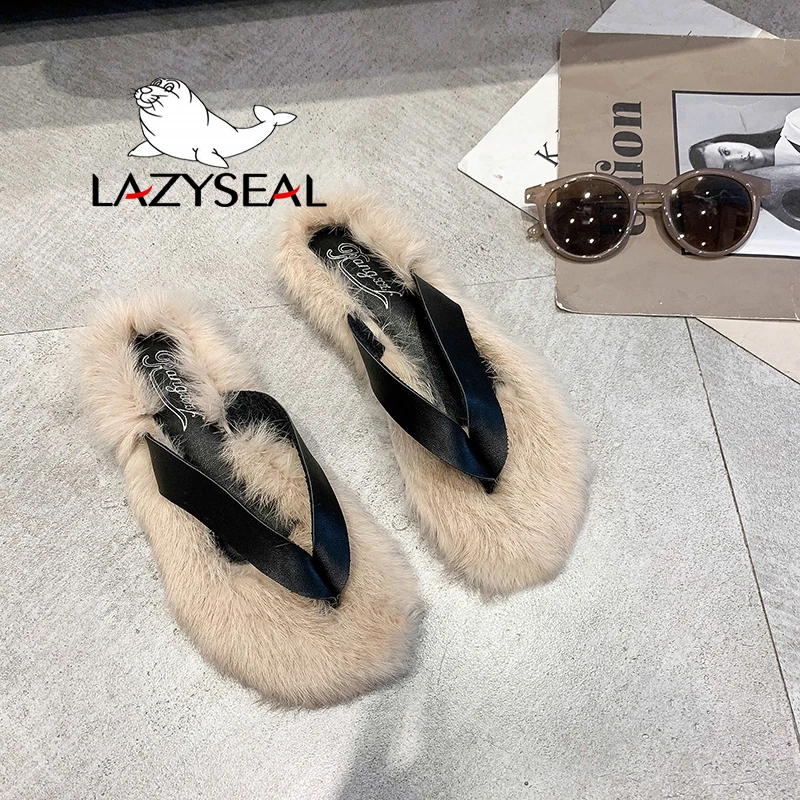 LazySeal обувь с разноцветным мехом; женские Вьетнамки; Новинка; Модные женские домашние тапочки на Плоском Каблуке; сезон осень-зима; женские шлепанцы без задника